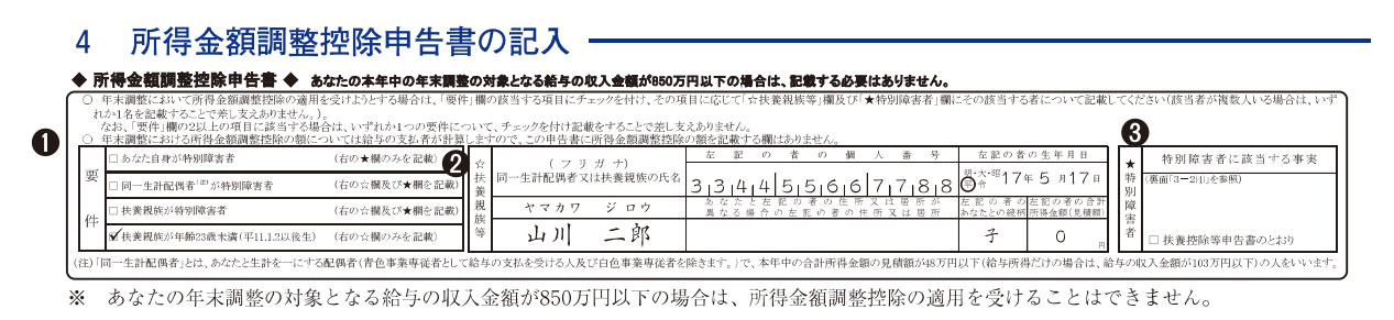 所得金額調整控除申告書記入例
